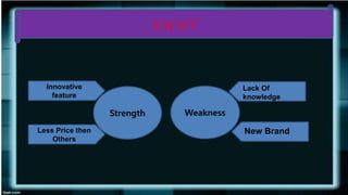S W O T
Strength Weakness
Less Price then
Others
Innovative
feature
Lack Of
knowledge
New Brand
 