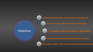 Objectives
Understand the process of new product development
To observe the market policy and market place
The present status of market in Bangladesh
Finding and developing new-product and ideas
Learning the steps in the new product development process
 