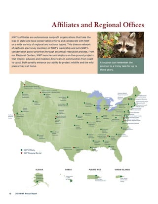 Afﬁliates and Regional Ofﬁces
12 2013 NWF Annual Report
Alabama
Wildlife
Federation
Arizona
Wildlife
Federation
Arkansas
Wildlife
Federation
Colorado
Wildlife
Federation
Connecticut Forest
& Park Association
New Jersey Audubon
PennFuture
Delaware Nature Society
National Aquarium
Florida
Wildlife
Federation
Georgia
Wildlife
Federation
Idaho
Wildlife
Federation
Prairie
Rivers
Network
Indiana
Wildlife
Federation
West Virginia
Rivers Coalition
Iowa Wildlife
Federation
Kansas
Wildlife
Federation
Louisiana
Wildlife
Federation
Natural Resources
Council of Maine
Environmental League
of Massachusetts
Michigan United
Conservation Clubs
Minnesota
Conservation
Federation
Mississippi
Wildlife
Federation
Conservation
Federation
of Missouri
Montana
Wildlife
Federation
Nebraska
Wildlife
Federation
Nevada
Wildlife
Federation
New Mexico
Wildlife
Federation
Environmental
Advocates
of New York
North Carolina
Wildlife Federation
North Dakota
Wildlife
Federation
Environment Council
of Rhode Island
South Carolina
Wildlife Federation
South Dakota
Wildlife Federation
Tennessee
Wildlife
Federation
Vermont Natural
Resources Council
Northeast
Regional Center New Hampshire Audubon
Wisconsin
Wildlife
Federation
Wyoming
Wildlife
Federation
Association
of Northwest
Steelheaders
Planning and
Conservation
League
Virginia Conservation Network
National Advocacy Center
Earth Conservation Corps
Mid-Atlantic Regional Center
NWF Affiliate
NWF Regional Center
South Central
Regional Center
—Atlanta Office
Great Lakes Regional Center
South Central
Regional Center
Texas
Conservation
Alliance
Northern Rockies and Pacific
Regional Center—Missoula Office
Rocky Mountain
Regional Center
Northern Rockies and Pacific
Regional Center—Seattle Office
NWF Headquarters
Virgin Islands
Conservation
Society
Sociedad
Ornitol ógica
Puertorriqueña, Inc.
Conservation
Council
for Hawa i i
Renewable
Resources
Coalition and
Foundation
ALASKA HAWAII PUERTO RICO VIRGIN ISLANDS
Affiliates and Regional Offices
California
Regional
Center
A raccoon can remember the
solution to a tricky task for up to
three years.
NWF’s afﬁliates are autonomous nonproﬁt organizations that take the
lead in state and local conservation efforts and collaborate with NWF
on a wide variety of regional and national issues. This diverse network
of partners elects key members of NWF’s leadership and sets NWF’s
conservation policy priorities through an annual resolution process. From
our Regional Centers, NWF launches and deploys on-the-ground projects
that inspire, educate and mobilize Americans in communities from coast
to coast. Both greatly enhance our ability to protect wildlife and the wild
places they call home.
 