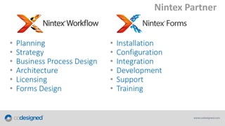 Nintex Partner
•
•
•
•
•
•

Planning
Strategy
Business Process Design
Architecture
Licensing
Forms Design

•
•
•
•
•
•

Installation
Configuration
Integration
Development
Support
Training

 