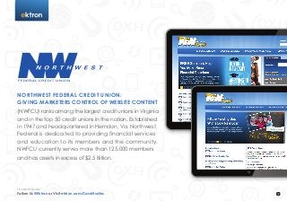 t
NORTHWEST FEDERAL CREDIT UNION:
GIVING MARKETERS CONTROL OF WEBSITE CONTENT
(NWFCU) ranks among the largest credit unions in Virginia
and in the top 50 credit unions in the nation. Established
in 1947 and headquartered in Herndon, Va, Northwest
Federal is dedicated to providing financial services
and education to its members and the community.
NWFCU currently serves more than 125,000 members
and has assets in excess of $2.5 Billion.
Follow Us @Ektron or Visit ektron.com/CaseStudies
To Learn More
 