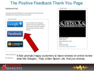 The Positive Feedback Thank You Page
5 Star prompts happy customers to leave reviews on online review
sites like Google+, ...