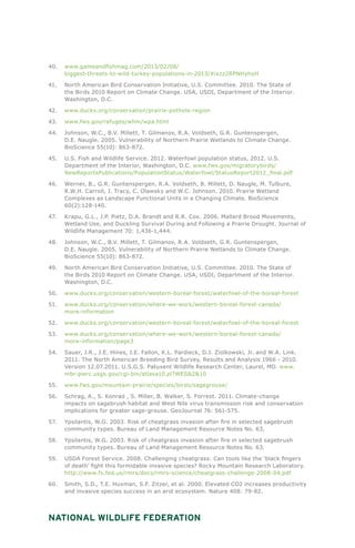 National Wildlife Federation
40.	 www.gameandfishmag.com/2013/02/08/
biggest-threats-to-wild-turkey-populations-in-2013/#ixzz2RPNHyhoH
41.	 North American Bird Conservation Initiative, U.S. Committee. 2010. The State of
the Birds 2010 Report on Climate Change. USA, USDI, Department of the Interior.
Washington, D.C.
42.	 www.ducks.org/conservation/prairie-pothole-region
43.	 www.fws.gov/refuges/whm/wpa.html
44.	 Johnson, W.C., B.V. Millett, T. Gilmanov, R.A. Voldseth, G.R. Guntenspergen,
D.E. Naugle. 2005. Vulnerability of Northern Prairie Wetlands to Climate Change.
BioScience 55(10): 863-872.
45.	 U.S. Fish and Wildlife Service. 2012. Waterfowl population status, 2012. U.S.
Department of the Interior, Washington, D.C. www.fws.gov/migratorybirds/
NewReportsPublications/PopulationStatus/Waterfowl/StatusReport2012_final.pdf
46.	 Werner, B., G.R. Guntenspergen, R.A. Voldseth, B. Millett, D. Naugle, M. Tulbure,
R.W.H. Carroll, J. Tracy, C. Olawsky and W.C. Johnson. 2010. Prairie Wetland
Complexes as Landscape Functional Units in a Changing Climate. BioScience
60(2):128-140.
47.	 Krapu, G.L., J.P. Pietz, D.A. Brandt and R.R. Cox. 2006. Mallard Brood Movements,
Wetland Use, and Duckling Survival During and Following a Prairie Drought. Journal of
Wildlife Management 70: 1,436-1,444.
48.	 Johnson, W.C., B.V. Millett, T. Gilmanov, R.A. Voldseth, G.R. Guntenspergen,
D.E. Naugle. 2005. Vulnerability of Northern Prairie Wetlands to Climate Change.
BioScience 55(10): 863-872.
49.	 North American Bird Conservation Initiative, U.S. Committee. 2010. The State of
the Birds 2010 Report on Climate Change. USA, USDI, Department of the Interior.
Washington, D.C.
50.	 www.ducks.org/conservation/western-boreal-forest/waterfowl-of-the-boreal-forest
51.	 www.ducks.org/conservation/where-we-work/western-boreal-forest-canada/
more-information
52.	 www.ducks.org/conservation/western-boreal-forest/waterfowl-of-the-boreal-forest
53.	 www.ducks.org/conservation/where-we-work/western-boreal-forest-canada/
more-information/page3
54.	 Sauer, J.R., J.E. Hines, J.E. Fallon, K.L. Pardieck, D.J. Ziolkowski, Jr. and W.A. Link.
2011. The North American Breeding Bird Survey, Results and Analysis 1966 - 2010.
Version 12.07.2011. U.S.G.S. Patuxent Wildlife Research Center, Laurel, MD. www.
mbr-pwrc.usgs.gov/cgi-bin/atlasa10.pl?WES&2&10
55.	 www.fws.gov/mountain-prairie/species/birds/sagegrouse/
56.	 Schrag, A., S. Konrad , S. Miller, B. Walker, S. Forrest. 2011. Climate-change
impacts on sagebrush habitat and West Nile virus transmission risk and conservation
implications for greater sage-grouse. GeoJournal 76: 561-575.
57.	 Ypsilantis, W.G. 2003. Risk of cheatgrass invasion after fire in selected sagebrush
community types. Bureau of Land Management Resource Notes No. 63.
58.	 Ypsilantis, W.G. 2003. Risk of cheatgrass invasion after fire in selected sagebrush
community types. Bureau of Land Management Resource Notes No. 63.
59.	 USDA Forest Service. 2008. Challenging cheatgrass: Can tools like the ‘black fingers
of death’ fight this formidable invasive species? Rocky Mountain Research Laboratory.
http://www.fs.fed.us/rmrs/docs/rmrs-science/cheatgrass-challenge-2008-04.pdf
60.	 Smith, S.D., T.E. Huxman, S.F. Zitzer, et al. 2000. Elevated CO2 increases productivity
and invasive species success in an arid ecosystem. Nature 408: 79-82.
 