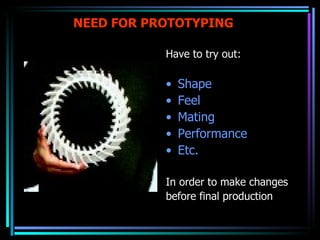 NEED FOR PROTOTYPING Have to try out: Shape Feel Mating Performance Etc. In order to make changes before final production 