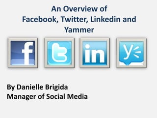 An Overview of Facebook, Twitter, Linkedin and Yammer By Danielle Brigida Manager of Social Media 