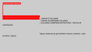 Componentes básicos
_ LINHAS E COLUNAS
_ LINHAS ACOMODAM COLUNAS
_ COLUNAS COMPÕEM ESTRUTURA + ENVOLVE
CONTEÚDO
*alguns sistemas de grid também incluem container - para
envolver o layout
 