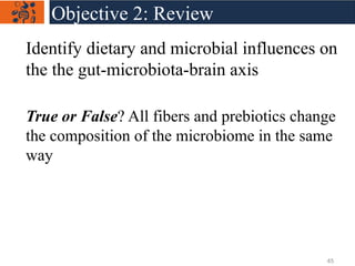 Identify dietary and microbial influences on
the the gut-microbiota-brain axis
True or False? All fibers and prebiotics change
the composition of the microbiome in the same
way
Objective 2: Review
45
 