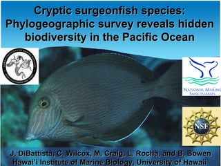 Cryptic surgeonfish species:
Phylogeographic survey reveals hidden
   biodiversity in the Pacific Ocean




J. DiBattista, C. Wilcox, M. Craig, L. Rocha, and B. Bowen
 Hawai’i Institute of Marine Biology, University of Hawaii
 