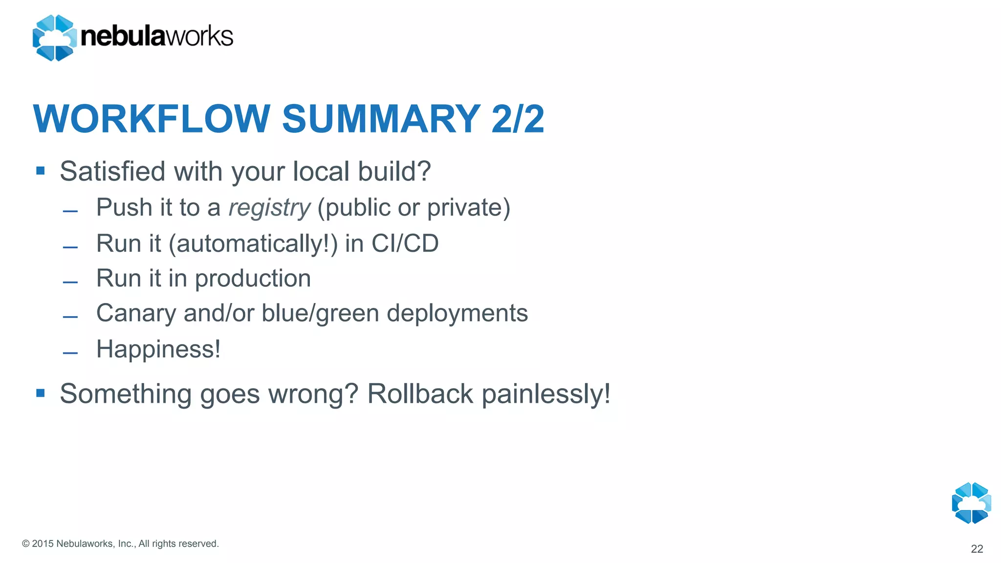 © 2015 Nebulaworks, Inc., All rights reserved.
WORKFLOW SUMMARY 2/2
§  Satisfied with your local build?
̶  Push it to a registry (public or private)
̶  Run it (automatically!) in CI/CD
̶  Run it in production
̶  Canary and/or blue/green deployments
̶  Happiness!
§  Something goes wrong? Rollback painlessly!
22
 