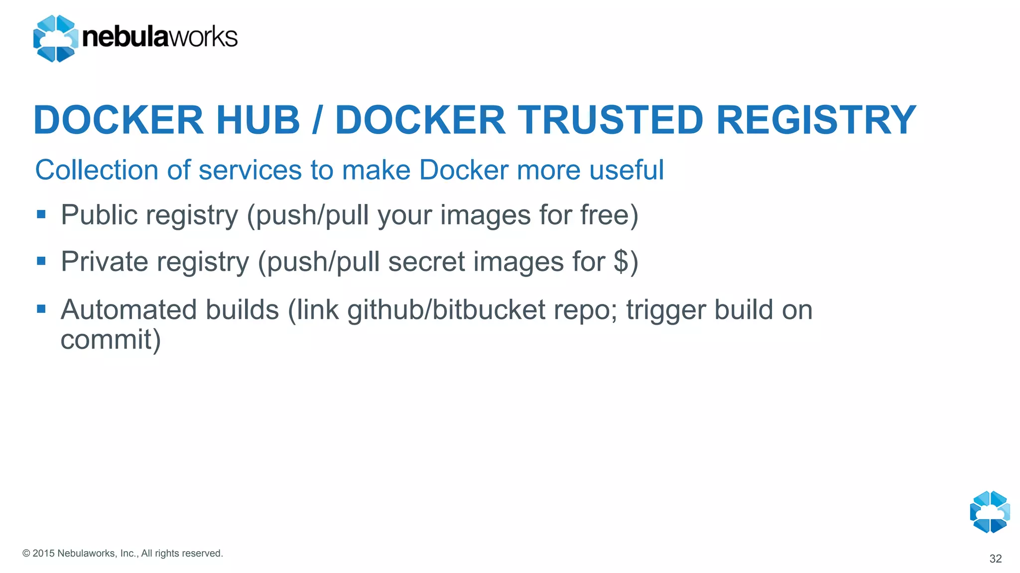 © 2015 Nebulaworks, Inc., All rights reserved.
Collection of services to make Docker more useful
32
§  Public registry (push/pull your images for free)
§  Private registry (push/pull secret images for $)
§  Automated builds (link github/bitbucket repo; trigger build on
commit)
DOCKER HUB / DOCKER TRUSTED REGISTRY
 