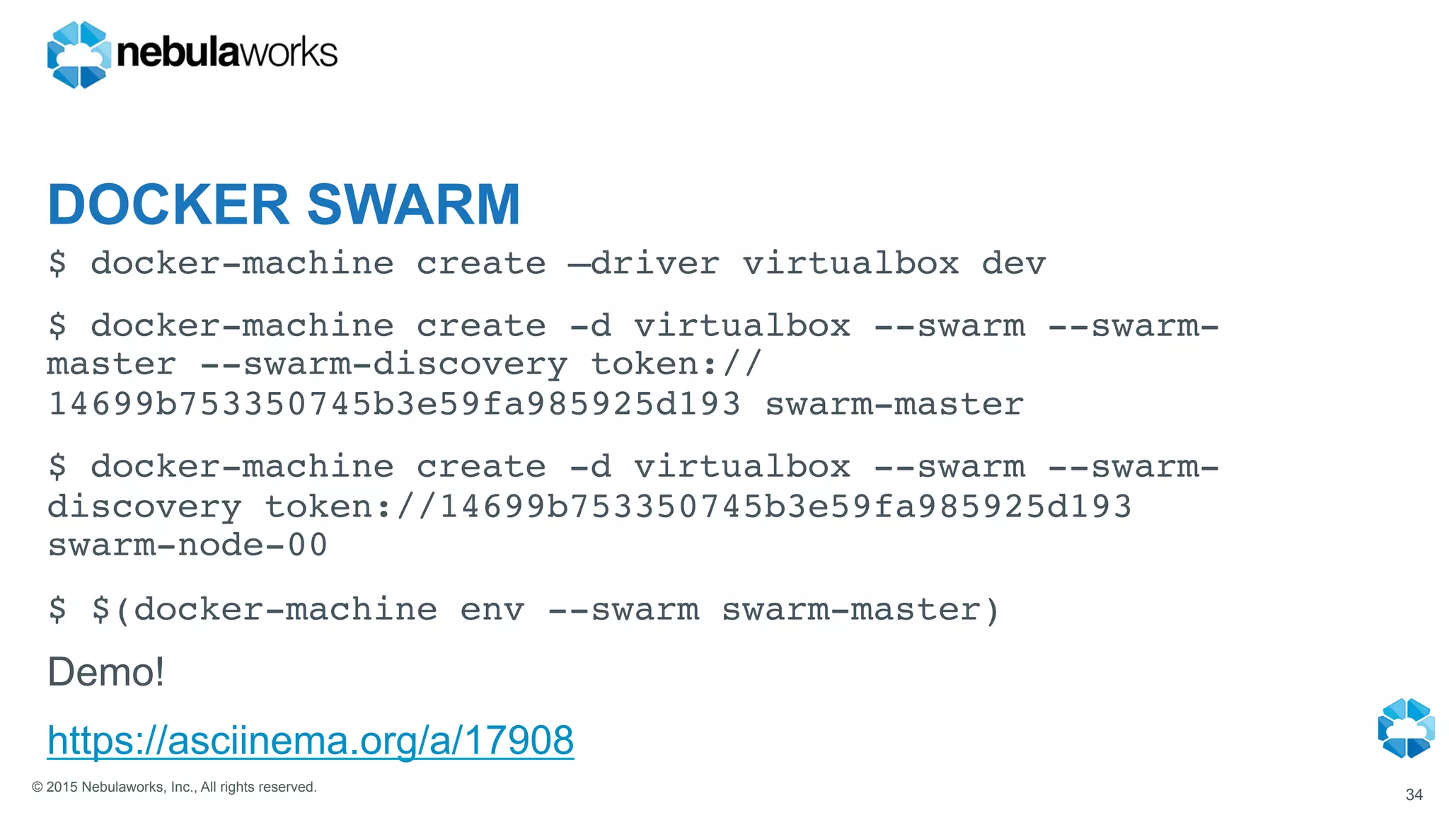 © 2015 Nebulaworks, Inc., All rights reserved.
DOCKER SWARM
$ docker-machine create –driver virtualbox dev
$ docker-machine create -d virtualbox --swarm --swarm-
master --swarm-discovery token://
14699b753350745b3e59fa985925d193 swarm-master
$ docker-machine create -d virtualbox --swarm --swarm-
discovery token://14699b753350745b3e59fa985925d193
swarm-node-00
$ $(docker-machine env --swarm swarm-master)
Demo!
https://asciinema.org/a/17908
34
 