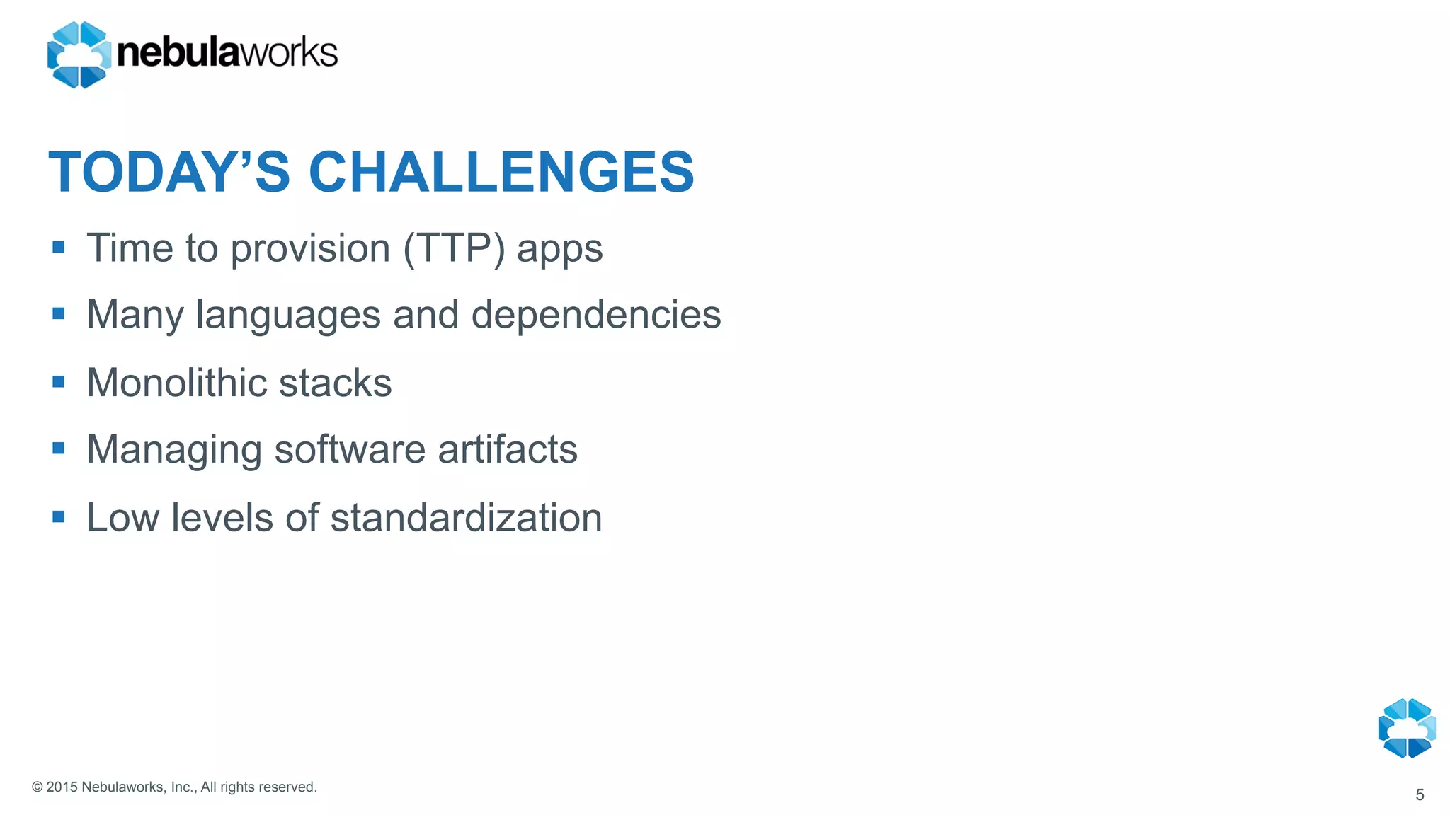 © 2015 Nebulaworks, Inc., All rights reserved.
TODAY’S CHALLENGES
§  Time to provision (TTP) apps
§  Many languages and dependencies
§  Monolithic stacks
§  Managing software artifacts
§  Low levels of standardization
5
 