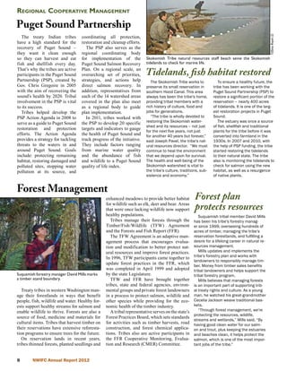 Regional Cooperative Management

Puget Sound Partnership
   The treaty Indian tribes        coordinating all protection,




                                                                                                                                                  Tiffany Royal (2)
have a high standard for the       restoration and cleanup efforts.
recovery of Puget Sound –             The PSP also serves as the
they want it clean enough          regional coordinating body
so they can harvest and eat        for implementation of the            Skokomish Tribe natural resources staff beach seine the Skokomish
fish and shellfish every day.      Puget Sound Salmon Recovery          tidelands to check for marine life.
That’s why the tribes are active
participants in the Puget Sound
                                   Plan. On a regional scale, an
                                   overarching set of priorities,      Tidelands, fish habitat restored
Partnership (PSP), created by      strategies, and actions help            The Skokomish Tribe works to            To ensure a healthy future, the
Gov. Chris Gregoire in 2005        direct salmon recovery. In           preserve its small reservation in       tribe has been working with the
with the aim of recovering the     addition, representatives from       southern Hood Canal. This area          Puget Sound Partnership (PSP) to
sound’s health by 2020. Tribal     each of the 14 watershed areas       always has been the tribe’s home,       restore a significant portion of the
involvement in the PSP is vital    covered in the plan also meet        providing tribal members with a         reservation – nearly 400 acres
to its success.                    as a regional body to guide          rich history of culture, food and       of tidelands. It is one of the larg-
   Tribes helped develop the       plan implementation.                 jobs for generations.                   est restoration projects in Puget
PSP Action Agenda in 2008 to          In 2011, tribes worked with          “The tribe is wholly devoted to      Sound.
serve as a guide to Puget Sound    the PSP to develop 20 specific       restoring the Skokomish water-             The estuary was once a source
                                                                        shed and its resources – not just       of fish, shellfish and traditional
restoration and protection         targets and indicators to gauge
                                                                        for the next five years, not just       plants for the tribe before it was
efforts. The Action Agenda         the health of Puget Sound and        for another 40 years but forever,”      converted into farmland in the
provides a strategy for tackling   track progress of the initiative.    said Joseph Pavel, the tribe’s nat-     1930s. In 2007 and 2010, with
threats to the waters in and       They include factors ranging         ural resources director.  “We must      the help of PSP funding, the tribe
around Puget Sound. Goals          from marine water quality            continue to heal the environment        started restoring the tidelands
include: protecting remaining      and the abundance of fish            that we depend upon for survival.       to their natural state. The tribe
habitat, restoring damaged and     and wildlife to a Puget Sound        The health and well-being of the        also is monitoring the tidelands to
polluted sites, stopping water     quality of life index.               Skokomish watershed is vital to         check for salmon using the new
pollution at its source, and                                            the tribe’s culture, traditions, sub-   habitat, as well as a resurgence
                                                                        sistence and economy.”                  of native plants.


Forest Management
                                                 enhanced meadows to provide better habitat          Forest plan
                                                 for wildlife such as elk, deer and bear. Areas
                                                 that were once lacking wildlife now support         protects resources
                                                 healthy populations.                                  Suquamish tribal member David Mills
                                                    Tribes manage their forests through the         has been his tribe’s forestry manag-
                                                 Timber/Fish/Wildlife (TFW) Agreement               er since 1999, overseeing hundreds of
                                                 and the Forests and Fish Report (FFR).             acres of timber, managing the tribe’s
                                                    The TFW Agreement is an adaptive man-           reservation forestlands, and fulfilling a
                                                 agement process that encourages evalua-            desire for a lifelong career in natural re-
                                                 tion and modification to better protect nat-       sources management.
                                                 ural resources and improve forest practices.          Mills updates and implements the
                                                                                                    tribe’s forestry plan and works with
                                                 In 1996, TFW participants came together to
                                                                                                    landowners to responsibly manage tim-
                                                 update forest practices in the FFR, which          ber. Money from timber sales benefits
                                                 was completed in April 1999 and adopted            tribal landowners and helps support the
Suquamish forestry manager David Mills marks     by the state Legislature.                          tribal forestry program.
a timber stand boundary.                            TFW and FFR have brought together                  Mills believes that managing forests
                                                 tribes, state and federal agencies, environ-       is an important part of supporting trib-
   Treaty tribes in western Washington man-      mental groups and private forest landowners        al treaty rights and culture. As a young
age their forestlands in ways that benefit       in a process to protect salmon, wildlife and       man, he watched his great-grandmother
people, fish, wildlife and water. Healthy for-   other species while providing for the eco-         Cecelia Jackson weave traditional bas-
ests support healthy streams for salmon and      nomic health of the timber industry.               kets.
enable wildlife to thrive. Forests are also a       A tribal representative serves on the state’s      “Through forest management, we’re
                                                                                                    protecting the resources, wildlife,
source of food, medicine and materials for       Forest Practices Board, which sets standards
                                                                                                    streams and wetlands,” Mills said. “By
cultural items. Tribes that harvest timber on    for activities such as timber harvests, road       having good clean water for our salm-
their reservations have extensive reforesta-     construction, and forest chemical applica-         on and trout, plus keeping the estuaries
tion programs to ensure trees for the future.    tions. Tribes also are active participants in      and beaches clean, it helps protect the
   On reservation lands in recent years,         the FFR Cooperative Monitoring, Evalua-            salmon, which is one of the most impor-
tribes thinned forests, planted seedlings and    tion and Research (CMER) Committee.                tant jobs of the tribe.”


       NWIFC Annual Report 2012
 
