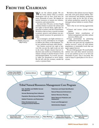 From the Chairman
             W                                        e are the salmon people. We are
                                                      the treaty Indian tribes in western
                                               Washington and we have lived here for
                                                                                                  We believe that salmon recovery begins
                                                                                               and ends with good salmon habitat. Har-
                                                                                               vest restrictions and hatchery production
                                               many thousands of years. We depend on           can never make up for the loss of natu-
                                               natural resources to sustain our cultures,      ral salmon production caused by lost and
                                               economies and communities.                      damaged salmon habitat in western Wash-
                                                 For more than 150 years, we have fought       ington.
                                               count­less battles to protect the salmon and       That’s why we are moving aggressively
                                               our rights to harvest them, rights that we      to:
                                               reserved in treaties with the United States.       ♦ Protect and restore critical salmon
                                               We believe that we have a sacred covenant            habitat;
                                               to protect, preserve and enhance our pre-          ♦ Demand better coordination of
                                               cious natural resources for generations to           habitat management and other salmon
                                               come.                                                recovery efforts; and
                                                 As co­-managers, our fight continues ev-         ♦ Forge partnerships by promoting
               NWIFC Chairman                  ery day in every watershed as we struggle            collaboration wherever possible.
                Billy Frank Jr.                to address the effects of development, wa-         We have one goal and one stan­dard for
                                               ter use, pollution and many other threats.      salmon recovery: return all wild salmon
                                                 Our treaties reserved our right to har-       populations to sustain­able levels that can
                                               vest fish, not just the right to put our nets   again support harvest.
                                               in the water. Despite massive harvest re-          We are a fishing people. We need healthy
                                               ductions and careful use of hatcheries, the     salmon runs and other natural resources
                                               salmon continue to decline because of lost      so we can continue to live as we have for
                                               and damaged habitat. As a result, our trea-     thousands of years. This is our home. We
                                               ty rights are threatened as never before.       want to keep it a good place to live for ev-
                                               We are left with few avenues, outside the       eryone.
                                               courts, to protect them.




Timber/Fish/Wildlife                                             Endangered            Ocean Ecosystem              Puget Sound
                              Hatchery Reform
Forests & Fish Report                                            Species Act               Initiative               Partnership




                 Tribal Natural Resources Management Core Program
                        Fish, Shellfish and Wildlife Harvest              Fisherman and Vessel Identification
                        Management
                                                                          Natural Resources Enforcement
                        Harvest Monitoring/Data Collection
                                                                          Salmon Recovery Planning
                        Population Monitoring and Research
                                                                          Water Resource Protection and
                        Habitat Protection and Restoration                Assessment

                        Policy Development and                            Forest Land Management
                        Intergovernmental Relations
                                                                          Administrative Support




  Coordinated Tribal                                                              Other State and Local         Watershed Recovery
                               Pacific Salmon Treaty           Mass Marking
  Water Resources                                                                Collaborative Programs              Planning



                                                                                                    NWIFC Annual Report 2012             
 