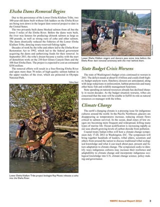 Elwha Dams Removal Begins
  Due to the persistence of the Lower Elwha Klallam Tribe, two
100-year-old dams built without fish ladders on the Elwha River
are being torn down in the largest dam removal project to date in
the United States.
  The two privately built dams blocked salmon from all but the
lower 5 miles of the Elwha River. Before the dams were built,
the river was famous for producing chinook salmon as large as
100 pounds, as well as strong runs of coho and other salmon.
The dams drastically reduced the fisheries of the Lower Elwha
Klallam Tribe, denying treaty-reserved fishing rights.




                                                                                                                                                    Debbie Preston
  Decades of work by the tribe and others led to the Elwha River
Restoration Act in 1992, which led to the federal government
acquiring the dams and authorizing funds for their removal. In
September 2011, the tribe’s dream became a reality with the start
                                                                           Lower Elwha Klallam singers and dancers pass some time before the
of demolition work on the 210-foot Glines Canyon Dam and the               Elwha River dam removal ceremony with the river behind them.
108-foot Elwha Dam. The project is expected to cost an estimated
$350 million.
  The removal efforts will result in a free-flowing Elwha River            State Budget Crisis Worsens
and open more than 70 miles of high-quality salmon habitat in
the upper reaches of the river, which are protected in Olympic                The state of Washington’s budget crisis continued to worsen in
National Park.                                                             2011. The deficit stands at about $1.4 billion and could climb high-
                                                           Tiffany Royal
                                                                           er, budget analysts warn. Hatchery closures are anticipated, along
                                                                           with large reductions in enforcement, habitat protection and many
                                                                           other basic fish and wildlife management functions.
                                                                              State spending on natural resources already has declined sharp-
                                                                           ly in recent decades. As the budget situation worsens, tribes are
                                                                           concerned that the state will be unable to fulfill its role as natural
                                                                           resources co-manager with the tribes.

                                                                           Climate Change
                                                                              The earth’s changing climate is a pressing issue for indigenous
                                                                           cultures around the world. In the Pacific Northwest, glaciers are
                                                                           disappearing as temperatures increase, reducing stream flows
                                                                           critical to salmon survival. In the ocean, dead zones of low ox-
                                                                           ygen are becoming more frequent and widespread, killing many
                                                                           types of marine life. Ocean acidification is increasing rapidly as
                                                                           our seas absorb growing levels of carbon dioxide from pollution.
                                                                              Coastal treaty Indian tribes will host a climate change sympo-
                                                                           sium July 17-20, 2012 in Washington, D.C. The symposium will
                                                                           bring together hundreds of leaders, tribal elders, scientists and
                                                                           others from around the nation to discuss traditional tribal ecolog-
                                                                           ical knowledge and what it can teach about past, present and fu-
                                                                           ture adaptation to climate change. The symposium seeks to iden-
                                                                           tify ways indigenous cultures may increase their resilience and
                                                                           adaptability to climate change and incorporate indigenous eco-
                                                                           logical knowledge into U.S. climate change science, policy mak-
                                                                           ing and governance.




Lower Elwha Klallam Tribe project biologist Ray Moses releases a coho
into the Elwha River.




                                                                                                       NWIFC Annual Report 2012                
 