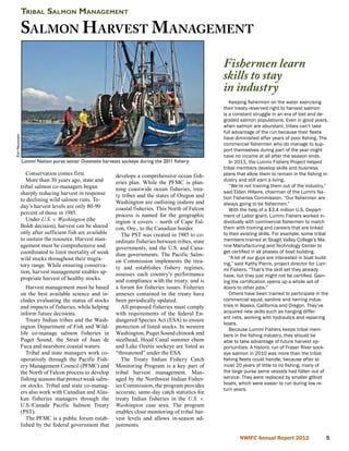 Tribal Salmon Management

                Salmon H arvest M anagement
                                                                                                      Fishermen learn
                                                                                                      skills to stay
                                                                                                      in industry
                                                                                                         Keeping fishermen on the water exercising
                                                                                                      their treaty-reserved right to harvest salmon
                                                                                                      is a constant struggle in an era of lost and de-
                                                                                                      graded salmon populations. Even in good years,
                                                                                                      when salmon are abundant, tribes can’t take
                                                                                                      full advantage of the run because their fleets
Kari Neumeyer




                                                                                                      have diminished after years of poor fishing. The
                                                                                                      commercial fishermen who do manage to sup-
                                                                                                      port themselves during part of the year might
                                                                                                      have no income at all after the season ends.
                Lummi Nation purse seiner Oceanaire harvests sockeye during the 2011 fishery.            In 2011, the Lummi Fishers Project helped
                                                                                                      tribal members develop skills and business
                   Conservation comes first.               develops a comprehensive ocean fish-       plans that allow them to remain in the fishing in-
                   More than 30 years ago, state and       eries plan. While the PFMC is plan-        dustry and still earn a living.
                tribal salmon co-managers began            ning coastwide ocean fisheries, trea-
                                                                                                         “We’re not training them out of the industry,”
                sharply reducing harvest in response                                                  said Elden Hillaire, chairman of the Lummi Na-
                                                           ty tribes and the states of Oregon and     tion Fisheries Commission. “Our fishermen are
                to declining wild salmon runs. To-         Washington are outlining inshore and
                day’s harvest levels are only 80-90                                                   always going to be fishermen.”
                                                           coastal fisheries. This North of Falcon       With the help of a $3.4 million U.S. Depart-
                percent of those in 1985.                  process is named for the geographic        ment of Labor grant, Lummi Fishers worked in-
                   Under U.S. v. Washington (the           region it covers – north of Cape Fal-      dividually with commercial fishermen to match
                Boldt decision), harvest can be shared     con, Ore., to the Canadian border.         them with training and careers that are linked
                only after sufficient fish are available      The PST was created in 1985 to co-      to their existing skills. For example, some tribal
                to sustain the resource. Harvest man-      ordinate fisheries between tribes, state   members trained at Skagit Valley College’s Ma-
                agement must be comprehensive and          governments, and the U.S. and Cana-        rine Manufacturing and Technology Center to
                coordinated to limit mortality of weak     dian governments. The Pacific Salm-
                                                                                                      get certified in all phases of boat building.
                wild stocks throughout their migra-                                                      “A lot of our guys are interested in boat build-
                                                           on Commission implements the trea-         ing,” said Kathy Pierre, project director for Lum-
                tory range. While ensuring conserva-       ty and establishes fishery regimes,
                tion, harvest management enables ap-                                                  mi Fishers. “That’s the skill set they already
                                                           assesses each country’s performance        have, but they just might not be certified. Gain-
                propriate harvest of healthy stocks.       and compliance with the treaty, and is     ing the certification opens up a whole set of
                   Harvest management must be based        a forum for fisheries issues. Fisheries    doors to other jobs.”
                on the best available science and in-      annexes contained in the treaty have          Others have been trained to participate in the
                cludes evaluating the status of stocks     been periodically updated.                 commercial squid, sardine and herring indus-
                and impacts of fisheries, while helping       All proposed fisheries must comply      tries in Alaska, California and Oregon. They’ve
                inform future decisions.                   with requirements of the federal En-       acquired new skills such as hanging differ-
                                                                                                      ent nets, working with hydraulics and repairing
                   Treaty Indian tribes and the Wash-      dangered Species Act (ESA) to ensure
                                                                                                      boats.
                ington Department of Fish and Wild-        protection of listed stocks. In western       Because Lummi Fishers keeps tribal mem-
                life co-manage salmon fisheries in         Washington, Puget Sound chinook and        bers in the fishing industry, they should be
                Puget Sound, the Strait of Juan de         steelhead, Hood Canal summer chum          able to take advantage of future harvest op-
                Fuca and nearshore coastal waters.         and Lake Ozette sockeye are listed as      portunities. A historic run of Fraser River sock-
                   Tribal and state managers work co-      “threatened” under the ESA.                eye salmon in 2010 was more than the tribal
                operatively through the Pacific Fish-         The Treaty Indian Fishery Catch         fishing fleets could handle, because after al-
                ery Management Council (PFMC) and          Monitoring Program is a key part of        most 20 years of little to no fishing, many of
                the North of Falcon process to develop     tribal harvest management. Man-            the large purse seine vessels had fallen out of
                fishing seasons that protect weak salm-    aged by the Northwest Indian Fisher-       service. They were replaced by smaller gillnet
                on stocks. Tribal and state co-manag-      ies Commission, the program provides       boats, which were easier to run during low re-
                                                                                                      turn years.
                ers also work with Canadian and Alas-      accurate, same-day catch statistics for
                kan fisheries managers through the         treaty Indian fisheries in the U.S. v.
                U.S./Canada Pacific Salmon Treaty          Washington case area. The program
                (PST).                                     enables close monitoring of tribal har-
                   The PFMC is a public forum estab-       vest levels and allows in-season ad-
                lished by the federal government that      justments.

                                                                                                              NWIFC Annual Report 2012                 
 