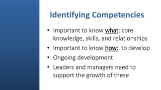Identifying Competencies
• Important to know what: core
knowledge, skills, and relationships
• Important to know how: to d...