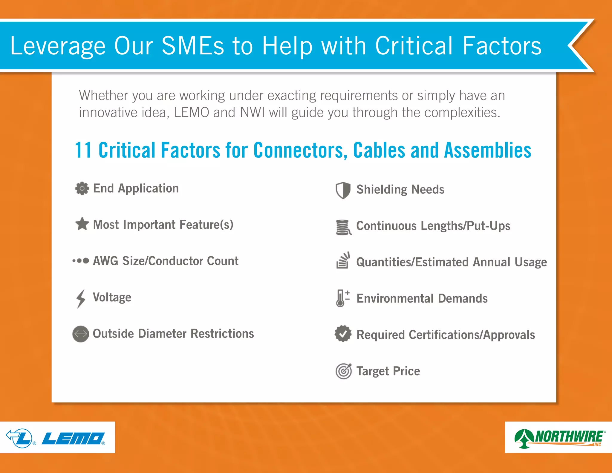 ® ®
Leverage Our SMEs to Help with Critical Factors
Whether you are working under exacting requirements or simply have an
innovative idea, LEMO and NWI will guide you through the complexities.
End Application
Most Important Feature(s)
AWG Size/Conductor Count
Voltage
Outside Diameter Restrictions
Shielding Needs
Continuous Lengths/Put-Ups
Quantities/Estimated Annual Usage
Environmental Demands
Required Certifications/Approvals
Target Price
11 Critical Factors for Connectors, Cables and Assemblies
 