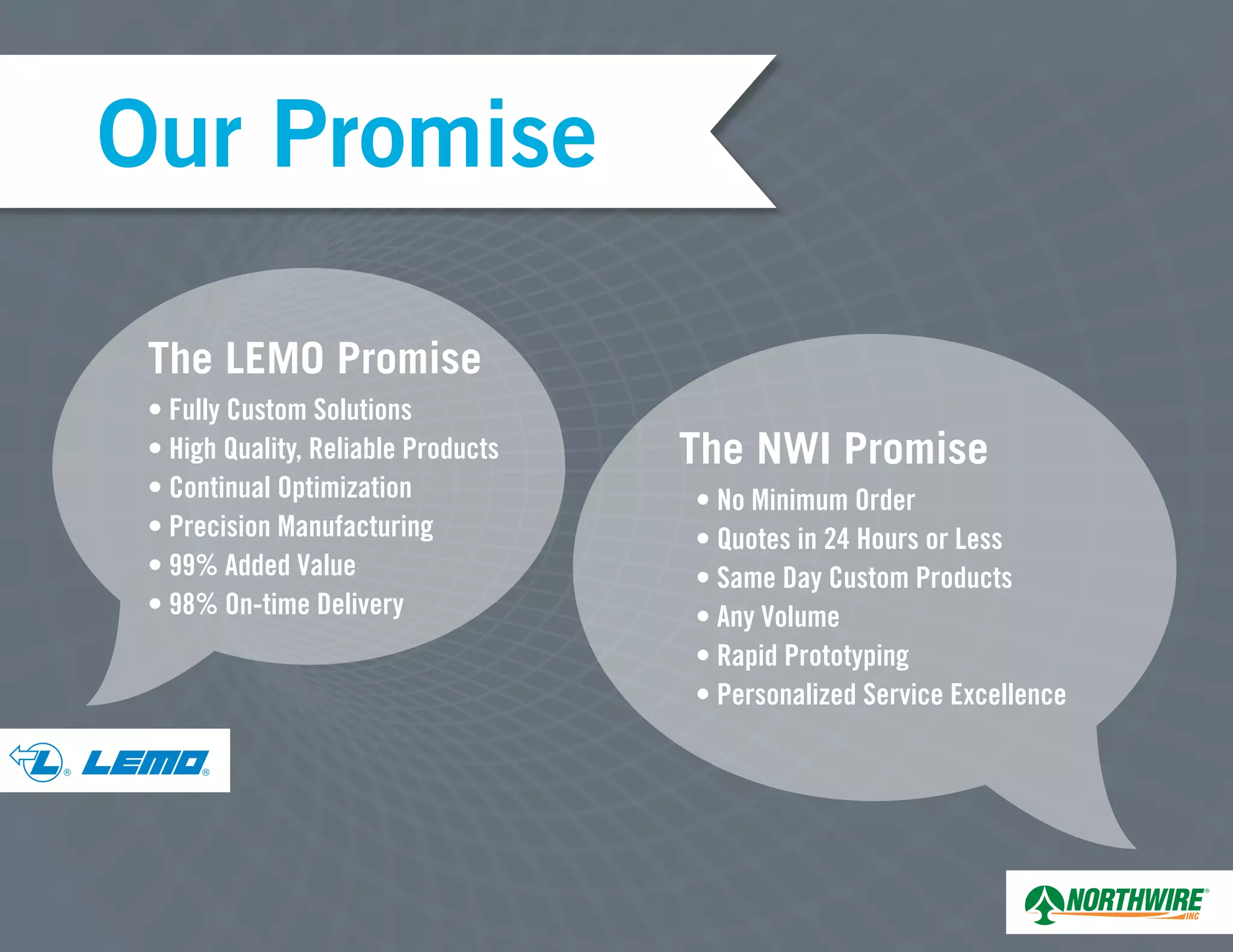 ® ®
The LEMO Promise
• Fully Custom Solutions
• High Quality, Reliable Products
• Continual Optimization
• Precision Manufacturing
• 99% Added Value
• 98% On-time Delivery
The NWI Promise
• No Minimum Order
• Quotes in 24 Hours or Less
• Same Day Custom Products
• Any Volume
• Rapid Prototyping
• Personalized Service Excellence
Our Promise
 