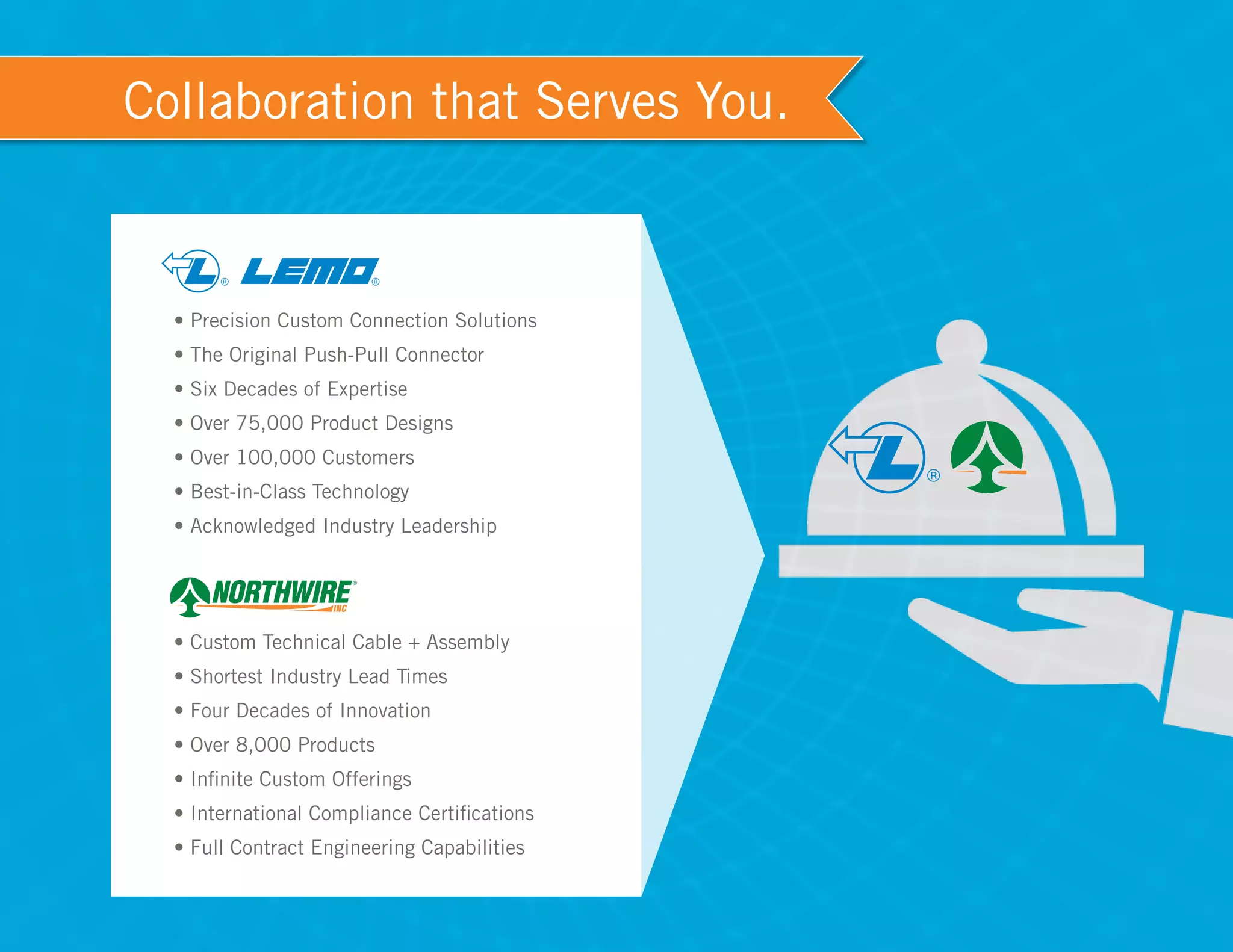 ® ®
® ®
• Precision Custom Connection Solutions
• The Original Push-Pull Connector
• Six Decades of Expertise
• Over 75,000 Product Designs
• Over 100,000 Customers
• Best-in-Class Technology
• Acknowledged Industry Leadership
• Custom Technical Cable + Assembly
• Shortest Industry Lead Times
• Four Decades of Innovation
• Over 8,000 Products
• Infinite Custom Offerings
• International Compliance Certifications
• Full Contract Engineering Capabilities
Collaboration that Serves You.
 
