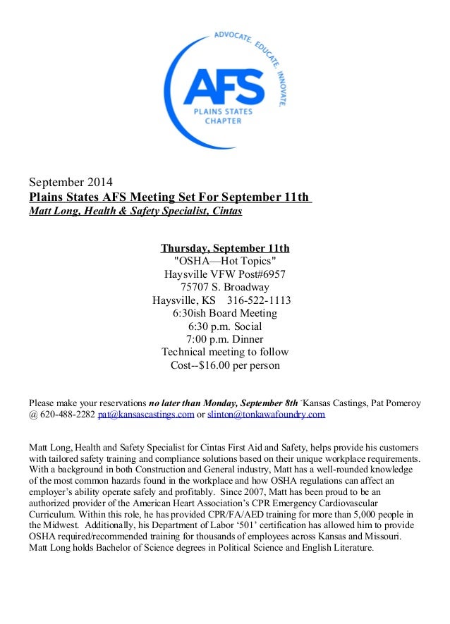 Plains States AFS Meeting Set For September 11th.