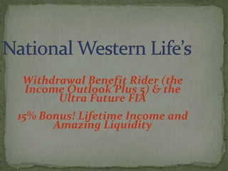 Withdrawal Benefit Rider (the
Income Outlook Plus 5) & the
      Ultra Future FIA
15% Bonus! Lifetime Income and
      Amazing Liquidity
 