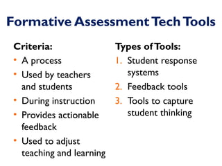 Formative Assessment Tech Tools 
Criteria: 
• A process 
• Used by teachers 
and students 
• During instruction 
• Provide...