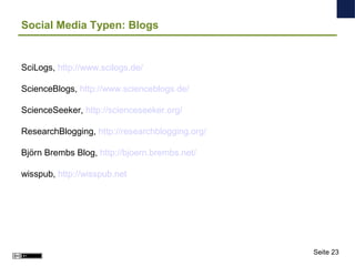 Social Media Typen: Blogs
SciLogs, http://www.scilogs.de/
ScienceBlogs, http://www.scienceblogs.de/
ScienceSeeker, http://...