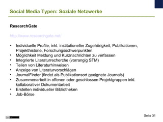 Social Media Typen: Soziale Netzwerke
ResearchGate
http://www.researchgate.net/
• Individuelle Profile, inkl. institutione...