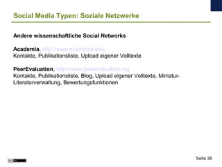 Social Media Typen: Soziale Netzwerke
Andere wissenschaftliche Social Networks
Academia, http://www.academia.edu/
Kontakte...