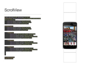 ScrollView
<?xml version="1.0" encoding=“utf-8"?>
<ScrollView xmlns:android="http://schemas.android.com/
apk/res/android" 
android:layout_width="match_parent" 
android:layout_height="match_parent" 
android:orientation="vertical">
 
<LinearLayout
android:layout_width="match_parent" 
android:layout_height="match_parent" 
android:orientation="vertical"> 
 
<ImageView 
android:id="@+id/item_image_imageView" 
android:layout_width="match_parent" 
android:layout_height="@dimen/image_size" 
android:scaleType="centerCrop" /> 
 
<ImageView 
android:layout_width="match_parent" 
android:layout_height="@dimen/image_size" 
android:scaleType="centerCrop" /> 
 
<ImageView 
android:layout_width="match_parent" 
android:layout_height="@dimen/image_size" 
android:scaleType="centerCrop" /> 
.
.
.
 
</LinearLayout>
</ScrollView>
 