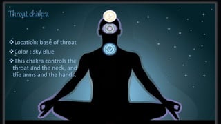 Throat chakra 
Location: base of throat 
Color : sky Blue 
This chakra controls the 
throat and the neck, and 
the arms and the hands. 
 