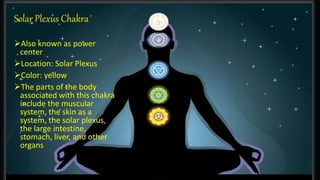 Solar Plexus Chakra 
Also known as power 
center 
Location: Solar Plexus 
Color: yellow 
The parts of the body 
associated with this chakra 
include the muscular 
system, the skin as a 
system, the solar plexus, 
the large intestine, 
stomach, liver, and other 
organs 
 