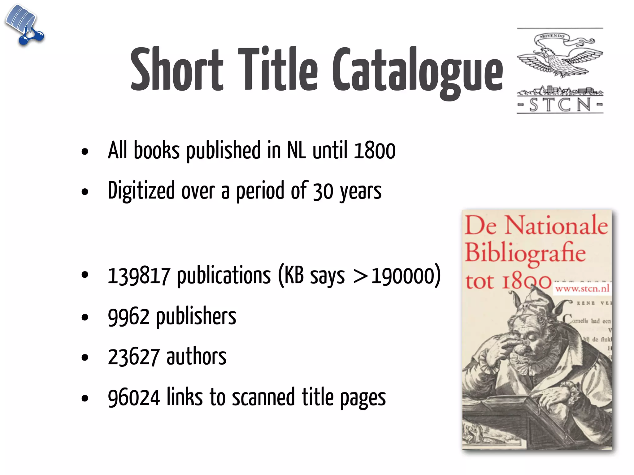 Short Title Catalogue
•   All books published in NL until 1800
•   Digitized over a period of 30 years


•   139817 publications (KB says >190000)
•   9962 publishers
•   23627 authors
•   96024 links to scanned title pages
 