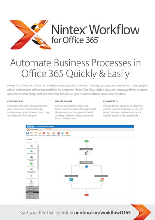 Automate Business Processes in
Office 365 Quickly & Easily
Nintex Workflow for Office 365 enables organizations to extend business process automation to more people,
places and devices, delivering workflow for everyone. Nintex Workflow adds a drag-and-drop workflow designer,
advanced connectivity, and rich workflow features to give customers more power and flexibility.
QuICk & EASy
Empower more users to automate their
own processes in minutes through
intuitive, easy to use, browser based drag-
and-drop workflow designer.
INVEST SMART
Get real work done in Office 365.
Protect your investment through simple
deployment and management, while
avoiding additional infrastructure and
client software costs.
CONNECTED
Connect Nintex Workflow to Office 365,
external systems, Exchange server, Lync
server, databases, web services, and a
world of cloud services seamlessly.
Start your free trial by visiting nintex.com/workflowO365
 
