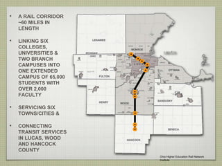 • A RAIL CORRIDOR
~60 MILES IN
LENGTH
• LINKING SIX
COLLEGES,
UNIVERSITIES &
TWO BRANCH
CAMPUSES INTO
ONE EXTENDED
CAMPUS OF 65,000
STUDENTS WITH
OVER 2,000
FACULTY
• SERVICING SIX
TOWNS/CITIES &
• CONNECTING
TRANSIT SERVICES
IN LUCAS, WOOD
AND HANCOCK
COUNTY
Ohio Higher Education Rail Network
Institute
 