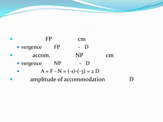 

FP
 vergence



accom.

cm
FP

- D

NP

cm

 vergence





NP
- D
A = F - N = (-1)-(-3) = 2 D

amplitude of accommodation

D

 
