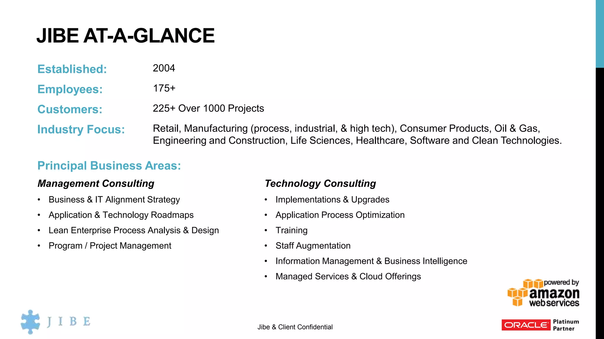 JIBE AT-A-GLANCE
Jibe & Client Confidential
Established: 2004
Employees: 175+
Customers: 225+ Over 1000 Projects
Industry Focus: Retail, Manufacturing (process, industrial, & high tech), Consumer Products, Oil & Gas,
Engineering and Construction, Life Sciences, Healthcare, Software and Clean Technologies.
Principal Business Areas:
Management Consulting Technology Consulting
• Business & IT Alignment Strategy • Implementations & Upgrades
• Application & Technology Roadmaps • Application Process Optimization
• Lean Enterprise Process Analysis & Design • Training
• Program / Project Management • Staff Augmentation
• Information Management & Business Intelligence
• Managed Services & Cloud Offerings
 