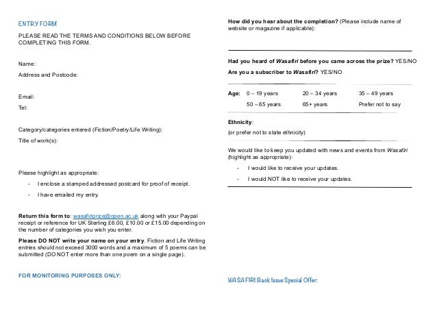 wasafiri new writing prize 2017 entry form prize entry form