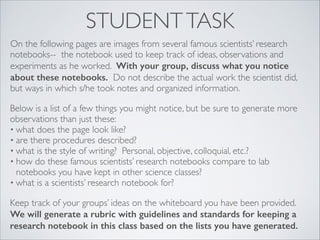 DEVELOPING A RUBRIC
if our goal is for students to do science, what should be
evidence that students are doing science?
 