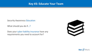 Security Awareness Education
What should you do if…?
Does your cyber liability insurance have any
requirements you need to account for?
Key #3: Educate Your Team
 