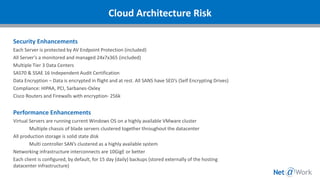 Security Enhancements
Each Server is protected by AV Endpoint Protection (included)
All Server’s a monitored and managed 24x7x365 (included)
Multiple Tier 3 Data Centers
SAS70 & SSAE 16 Independent Audit Certification
Data Encryption – Data is encrypted in flight and at rest. All SANS have SED’s (Self Encrypting Drives)
Compliance: HIPAA, PCI, Sarbanes-Oxley
Cisco Routers and Firewalls with encryption- 256k
Performance Enhancements
Virtual Servers are running current Windows OS on a highly available VMware cluster
Multiple chassis of blade servers clustered together throughout the datacenter
All production storage is solid state disk
Multi controller SAN’s clustered as a highly available system
Networking infrastructure interconnects are 10GigE or better
Each client is configured, by default, for 15 day (daily) backups (stored externally of the hosting
datacenter infrastructure)
Cloud Architecture Risk
 