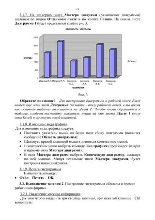 14
3.1.7. На четвертом шаге Мастера диаграмм (размещение диаграммы)
щелкнем по опции Отдельном листе и по кнопке Готово. На новом листе
Диаграмма 1 будет представлен график рис.3.
Рис. 3
Обратите внимание! Для построения диаграммы в рабочей книге Excel
введен еще один лист Диаграмма (название - внизу рабочего окна), в то время
как основная таблица помещается на Лист 1. Чтобы вновь обратиться к
таблице, следует поставить указатель мыши на имя листа (Лист 1 внизу
окна Excel) и щелкнуть левой клавишей.
3.1.8. Изменение вида графика
Для изменения вида графика следует:
• Поставить указатель мыши на белое поле сбоку диаграммы (появится
сообщение Область диаграммы);
• Щелкнуть правой клавишей мыши (появиться контекстное меню);
• В контекстном меню выбрать команду Тип графика (произойдет возврат
к первому окну Мастера диаграмм);
• В окне Мастера диаграмм выбрать Коническую диаграмму, щелкнув
по ней мышью. Минуя остальные шаги Мастера диаграмм, будет
построена новая диаграмма.
3.1.9. Печать гистограммы
Выполнить команду:
• Файл – Печать – ОК.
3.2. Выполнение задания 2. Построение гистограммы «Оклады и премии
работников фирмы»
3.2.1. Выделение массива информации
Для того чтобы выделить три столбца таблицы, при нажатой клавише Ctrl
выполнить:
0
500
1000
1500
2000
2500
ОКЛАДЫ
Иванов И.И.Петров П.П. Сидоров
С.С.
Антонов
А.А.
Федоров
Ф.Ф.
Семенов
С.С.
ФАМИЛИИ
ВЕДОМОСТЬ ЗАРПЛАТЫ
Оклад
 