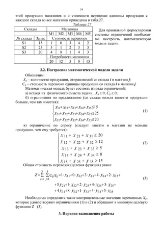 54
этой продукции магазинов и о стоимости перевозки единицы продукции с
каждого склада во все магазины приведены в табл.27.
Таблица 27
Склады Магазины
М1 М2 М3 М4 М5
№ склада Запас Стоимость перевозок
S1 15 1 0 3 4 2
S2 25 5 1 2 3 3
S3 20 4 8 1 4 3
Потребности магазинов
20 12 5 8 15
2.2. Построение математической модели задачи
Обозначим:
Хij – количество продукции, отправляемой со склада i в магазин j:
Cij – стоимость перевозки единицы продукции со склада i в магазин j.
Математическая модель будет состоять из ряда ограничений:
а) исходя из физического смысла задачи, Хij ≥ 0; Cij ≥ 0;
б) ограничения по предложению (со склада нельзя вывезти продукции
больше, чем там имеется):
(1)
в) ограничение по спросу (следует завезти в магазин не меньше
продукции, чем ему требуется):
(2)
Общая стоимость перевозок (целевая функция) равна:
(3)
Необходимо определить такие неотрицательные значения переменных Xij,
которые удовлетворяют ограничениям (1) и (2) и обращают в минимум целевую
функцию Z (3).
3. Порядок выполнения работы
⎪
⎩
⎪
⎨
⎧
≤++++
≤++++
≤++++
20
25
15
3534333231
2524232221
1514131211
XXXXX
XXXXX
XXXXX
⎪
⎪
⎪
⎩
⎪⎪
⎪
⎨
⎧
≥++
≥++
≥++
≥++
≥++
15
8
5
12
20
352515
342414
332313
322212
312111
XXX
XXX
XXX
XXX
XXX
XXXXX
XXXXX
XXXXXXZ
i
ij
j
3534333231
2524232221
1514131211
3
1
5
1
ij
34184
34215
24301C
⋅+⋅+⋅+⋅++
+⋅+⋅+⋅+⋅++
+⋅+⋅+⋅+⋅+⋅=∑ ∑=
= =
Для правильной формулировки
системы ограничений необходи-
мо построить математическую
модель задачи.
 