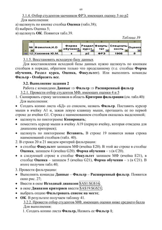 69
3.1.4. Отбор студентов-заочников ФРЭ, имеющих оценку 5 по р2
Для выполнения:
а) щелкнуть по кнопке столбца Оценка (табл.38);
б) выбрать Оценка 5;
в) щелкнуть ОК. Появится табл.39.
Таблица 39
3.1.5. Восстановить исходную базу данных
Для восстановления исходной базы данных нужно щелкнуть по кнопкам
столбцов в порядке, обратном только что проделанному (т.е. столбцы Форма
обучения, Раздел курса, Оценка, Факультет). Или выполнить команды
Фильтр - Отобразить все.
3.2. Выполнение задания 2
Работа с командами Данные ⇒ Фильтр ⇒ Расширенный фильтр
3.2.1. Провести отбор студентов МФ, имеющих оценки 4 и 5
1. Скопировать строку заголовков в область Критерии фильтрации (см. табл.40):
Для выполнения:
• Создать копию листа «БД» со списком, назвать Фильтр. Поставить курсор
мыши в ячейку А1 и, зажав левую клавишу мыши, протащить ее по первой
строке до ячейки G1. Строка с наименованием столбцов оказалась выделенной;
• щелкнуть по пиктограмме Копировать;
• поместить курсор мыши в ячейку А19 (первую ячейку, которая отведена для
диапазона критериев);
• щелкнуть по пиктограмме Вставить. В строке 19 появится новая строка
наименований столбцов (табл. 40).
2. В строки 20 и 21 введем критерий фильтрации:
• в столбце Факультет запишем МФ (ячейка Е20). В этой же строке в столбце
Оценка, запишем 4 (ячейка G20). Форма обучения – з (в С20).
• в следующей строке в столбце Факультет запишем МФ (ячейка Е21), в
столбце Оценка – запишем 5 (ячейка G21), Форма обучения – з (в С21). В
итоге получим табл.40;
3. Провести фильтрацию:
• Выполнить команды Данные – Фильтр – Расширенный фильтр. Появится
окно рис. 27;
• Ввести в окне Исходный диапазон $A$1:$G$16;
• в окне Диапазон критериев ввести $A$19:$G$21;
• выбрать опцию Фильтровать список на месте;
• ОК. В результате получаем таблицу 41.
3.2.2. Провести отбор студентов МФ, имеющих оценки ниже среднего балла
Для выполнения:
1. Создать копию листа Фильтр, Назвать ее Фильтр 1;
 
