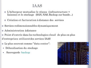 IAAS
 L'hébergeur mutualise le réseau (infrastructure +
liaisons) et le stockage (SAN, NAS, Backup sur bande...)
 Création et facturation à distance des services
 Services redimensionnables dynamiquement
 Administration àdistance
 Point d'entrée dans les technologies cloud de plus en plus
d'entreprises utilisentdes services IAAS
 Le plus souvent comme ”data center”:
 Délocalisation du stockage
 Sauvegarde (backup)
23
 