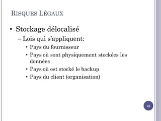 RISQUES LÉGAUX
• Stockage délocalisé
– Lois qui s’appliquent:
• Pays du fournisseur
• Pays où sont physiquement stockées les
données
• Pays où est stocké le backup
• Pays du client (organisation)
35
 