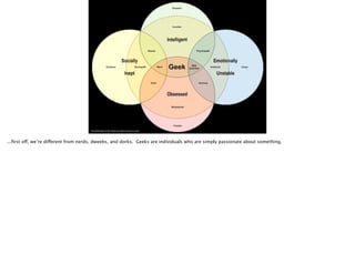 http://altloff.blogspot.com/2011/01/geek-venn-diagram-and-where-i-am.html
...ﬁrst off, we’re different from nerds, dweebs, and dorks. Geeks are individuals who are simply passionate about something.
 
