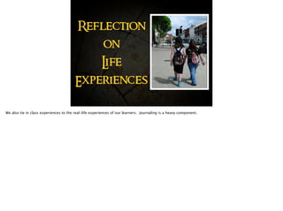 Reflection
on
Life
Experiences
We also tie in class experiences to the real-life experiences of our learners. Journaling is a heavy component.
 