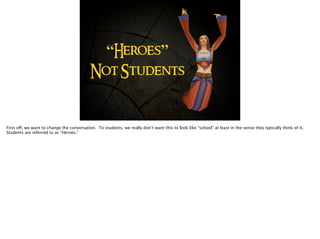 “Heroes”
Not Students
First off, we want to change the conversation. To students, we really don’t want this to look like “school” at least in the sense they typically think of it.
Students are referred to as “Heroes.”
 